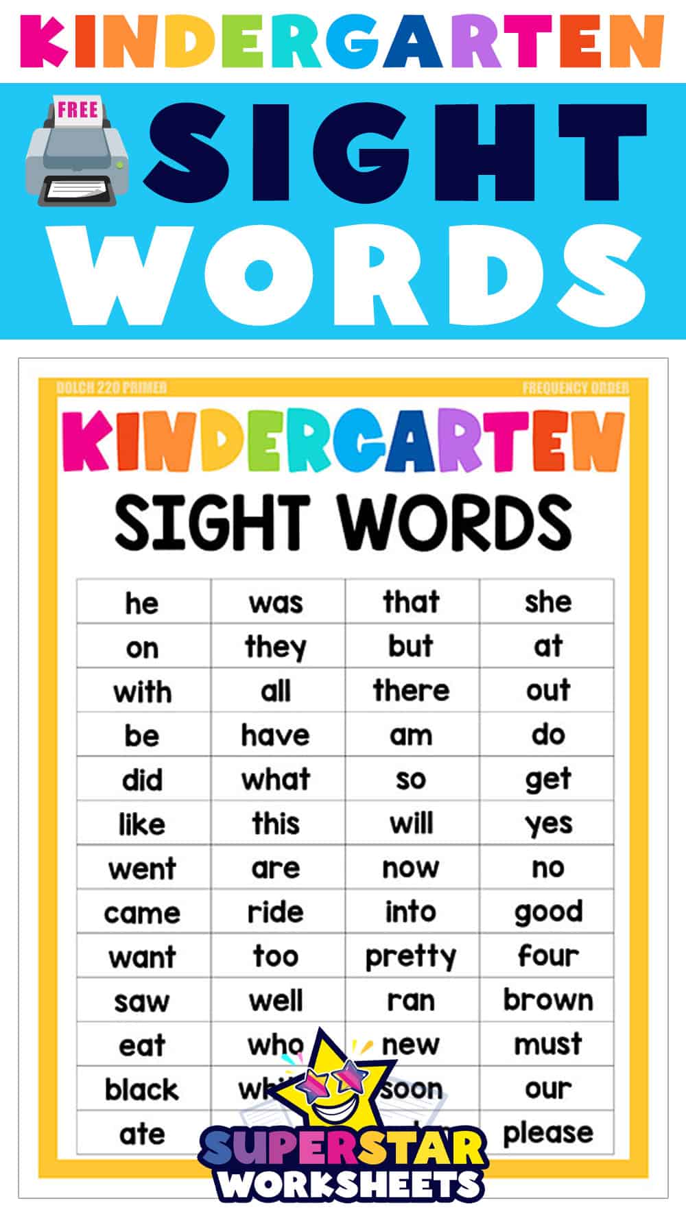 Kindergarten Sight Words - Superstar Worksheets