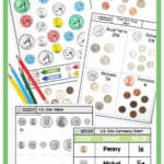 Money worksheets with four examples of bright printables.