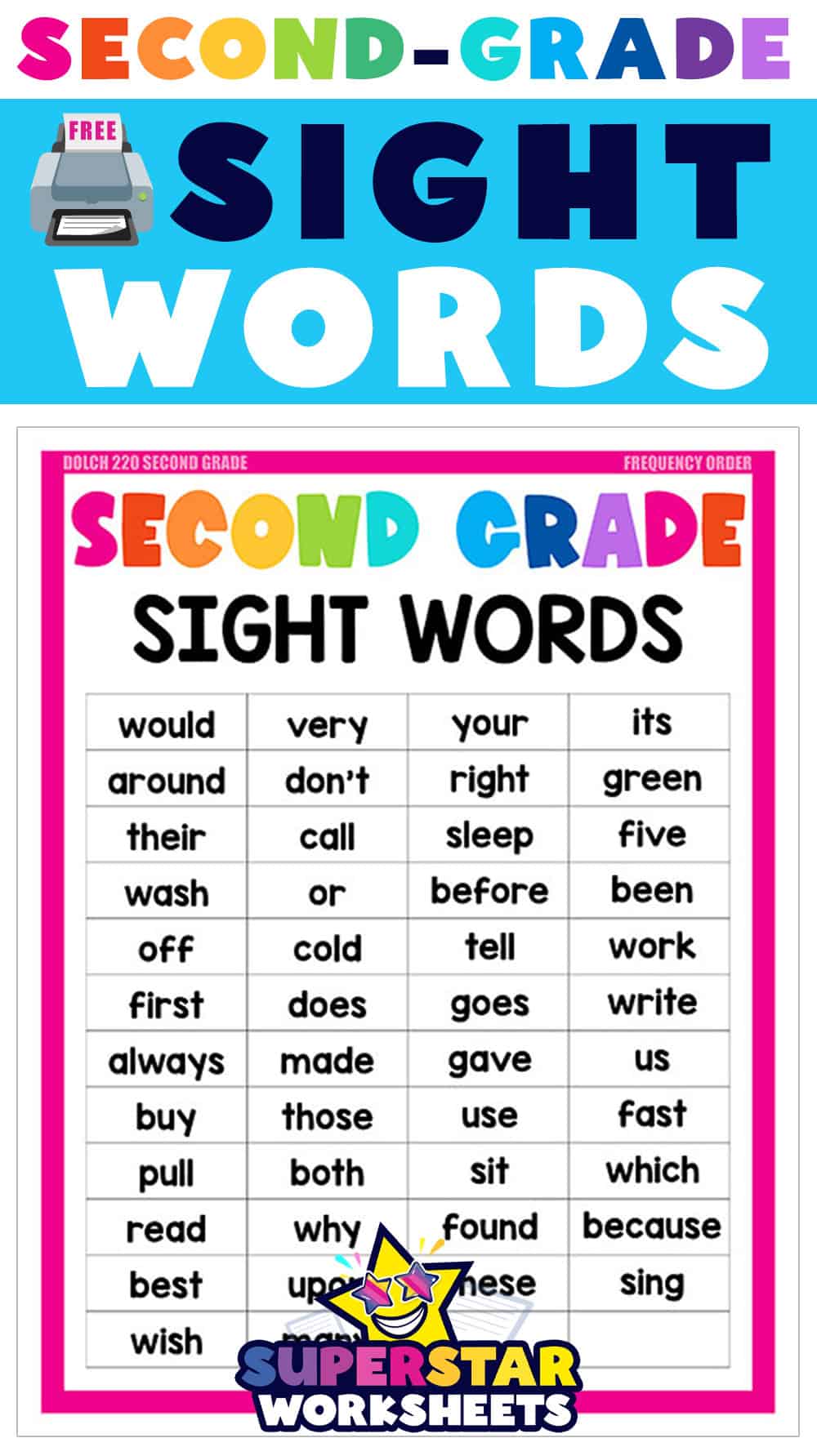 Second Grade Sight Words - Superstar Worksheets