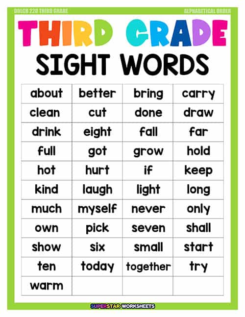 Third Grade Sight Words - Superstar Worksheets