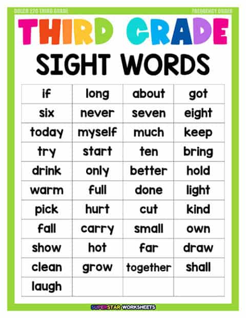 Third Grade Sight Words - Superstar Worksheets