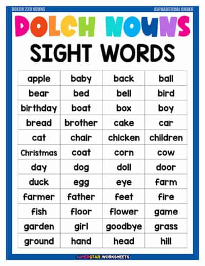 Dolch Sight Word Nouns Superstar Worksheets