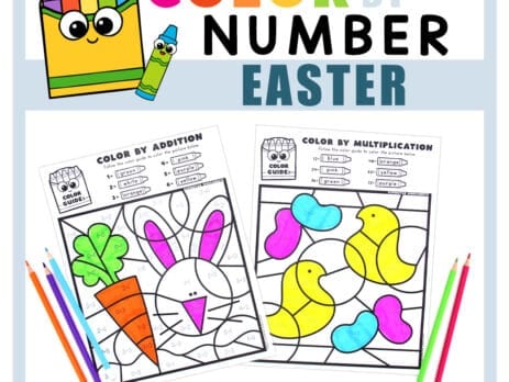 Two half colored examples of color by number worksheets.