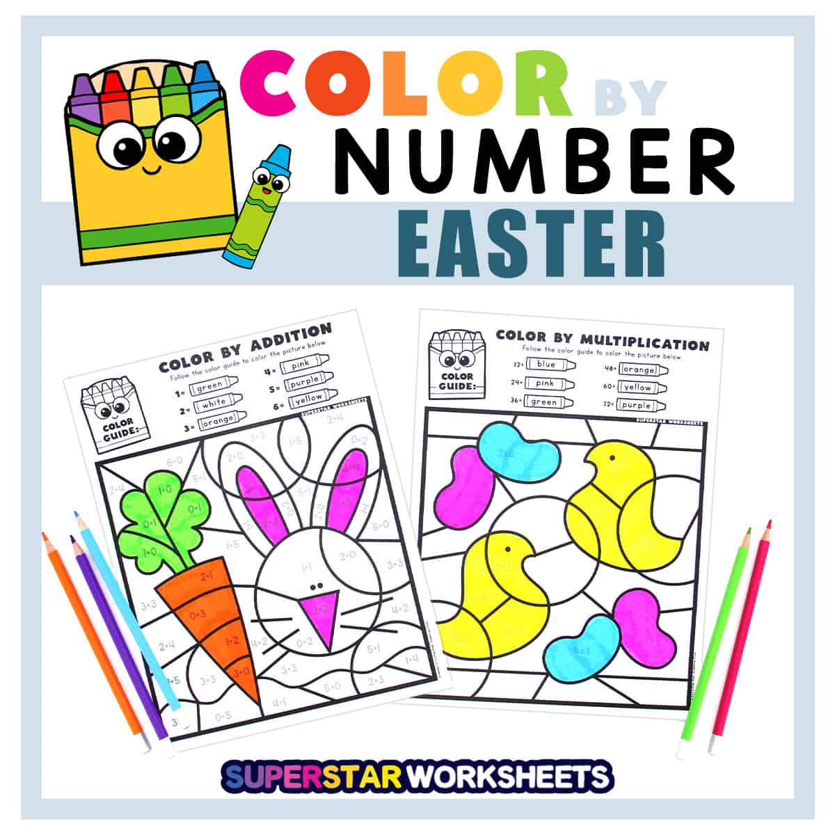 Two half colored examples of color by number worksheets.