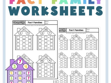 Graphic showing two of our fact family worksheets with a full color fact family house graphic.