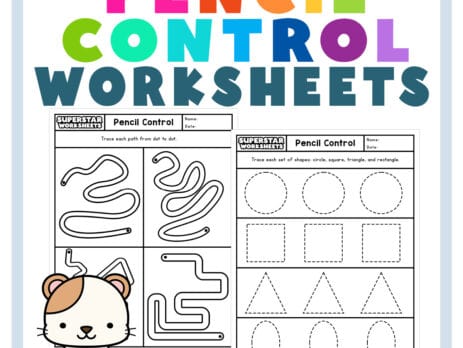 Graphic showing a cute cat holding a pencil with two pencil control worksheet examples.