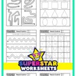Graphic showing six of our adorable pencil control worksheets in black and white.