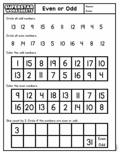 Odd and Even Number Worksheets - Superstar Worksheets