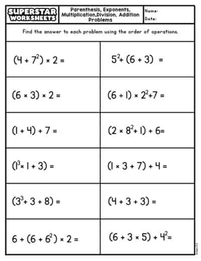 Order of Operations Worksheets - Superstar Worksheets