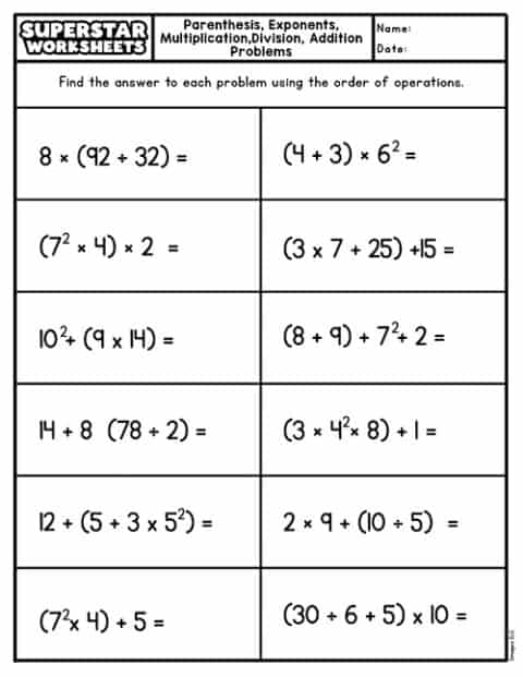 Order of Operations Worksheets - Superstar Worksheets