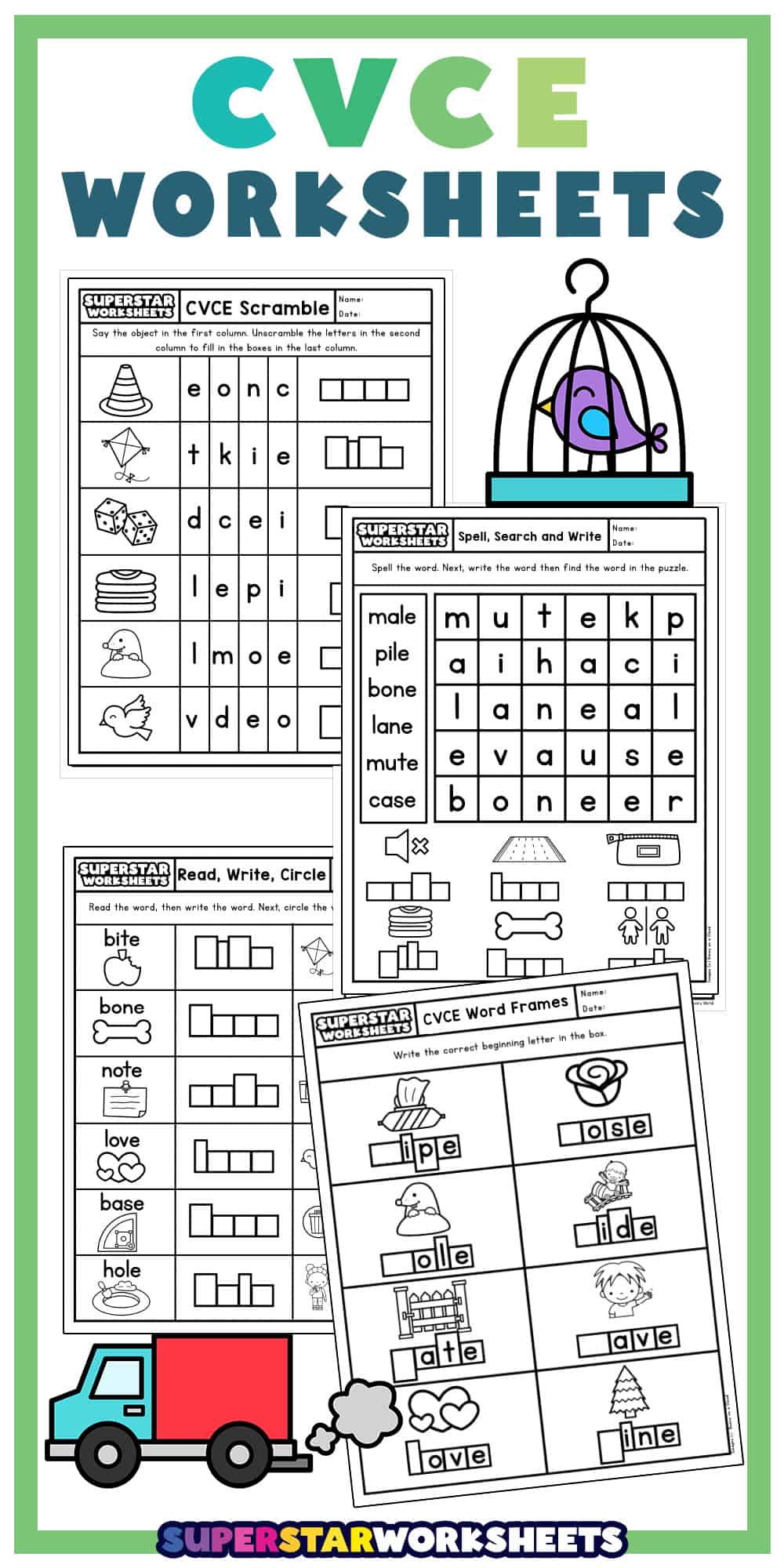 Graphic containing a cute bird and truck graphic with four different CVCE worksheets.