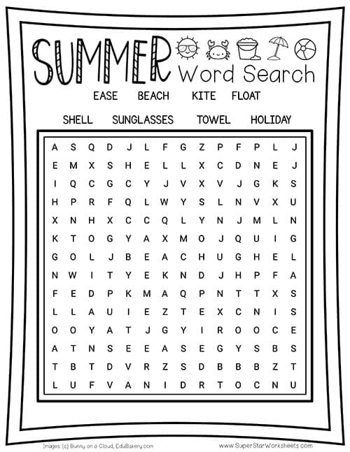 kids summer word search printable