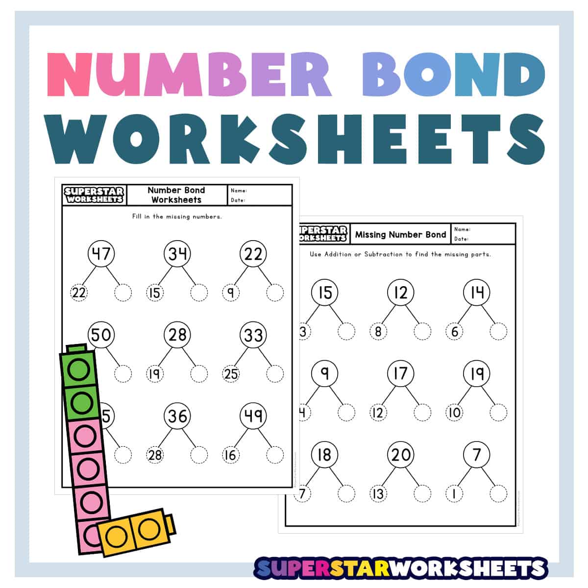 Graphic showing two of our missing number bond worksheets.