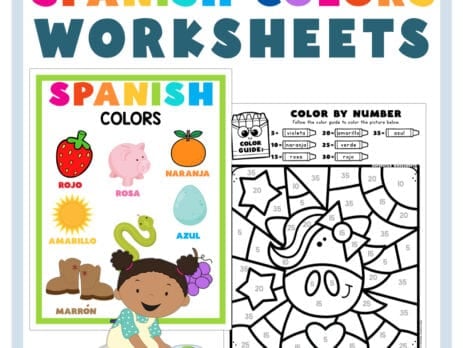 Graphic showing two examples of our color Spanish worksheets.