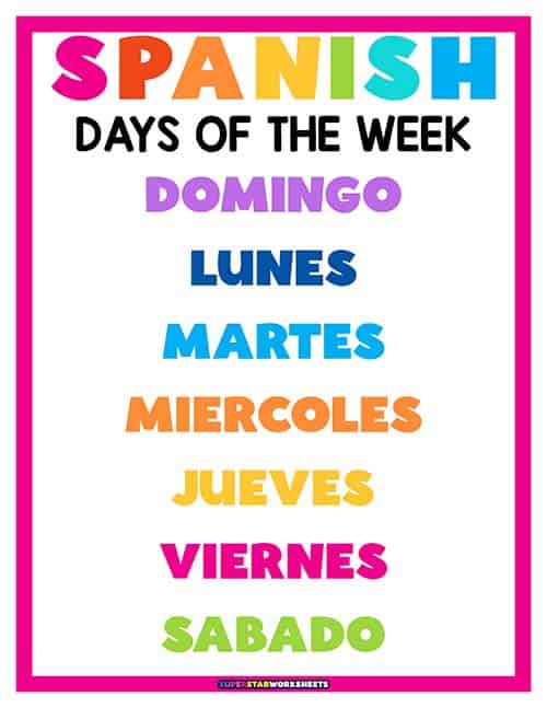 Days of the Week Spanish Chart
