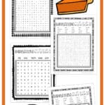 Graphic with four different Thanksgiving word search worksheets and cute pie graphics.