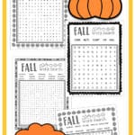 Graphic showing four fall word searches with a pumpkin and a fall tree.