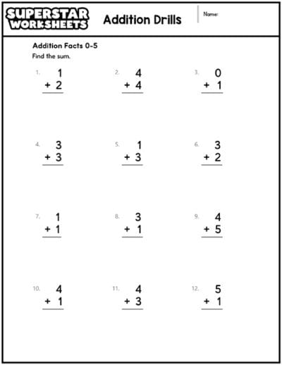 Addition Drills - Superstar Worksheets