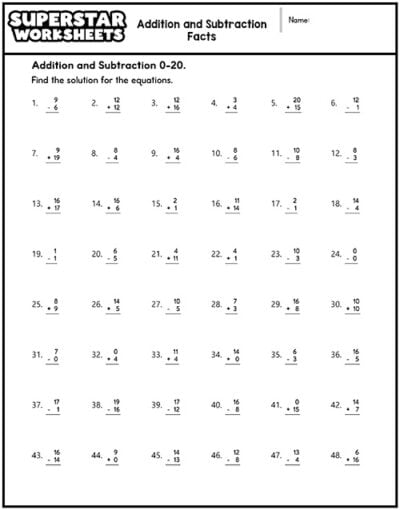 Addition and Subtraction Worksheets - Superstar Worksheets