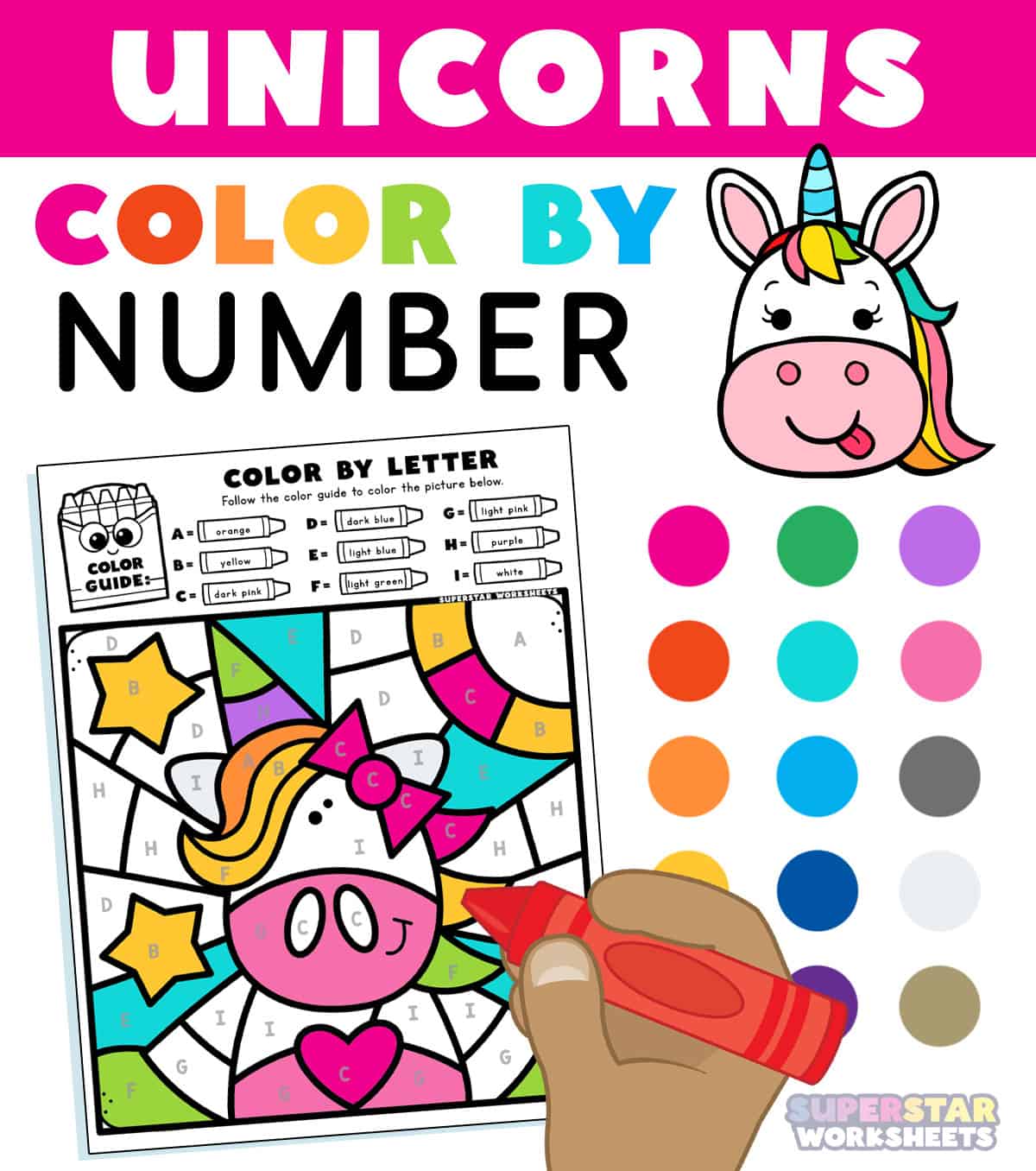 Unicorn Color By Number - Superstar Worksheets