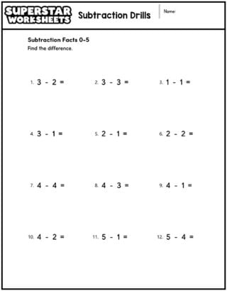 Subtraction Drills - Superstar Worksheets