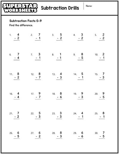 Subtraction Drills - Superstar Worksheets