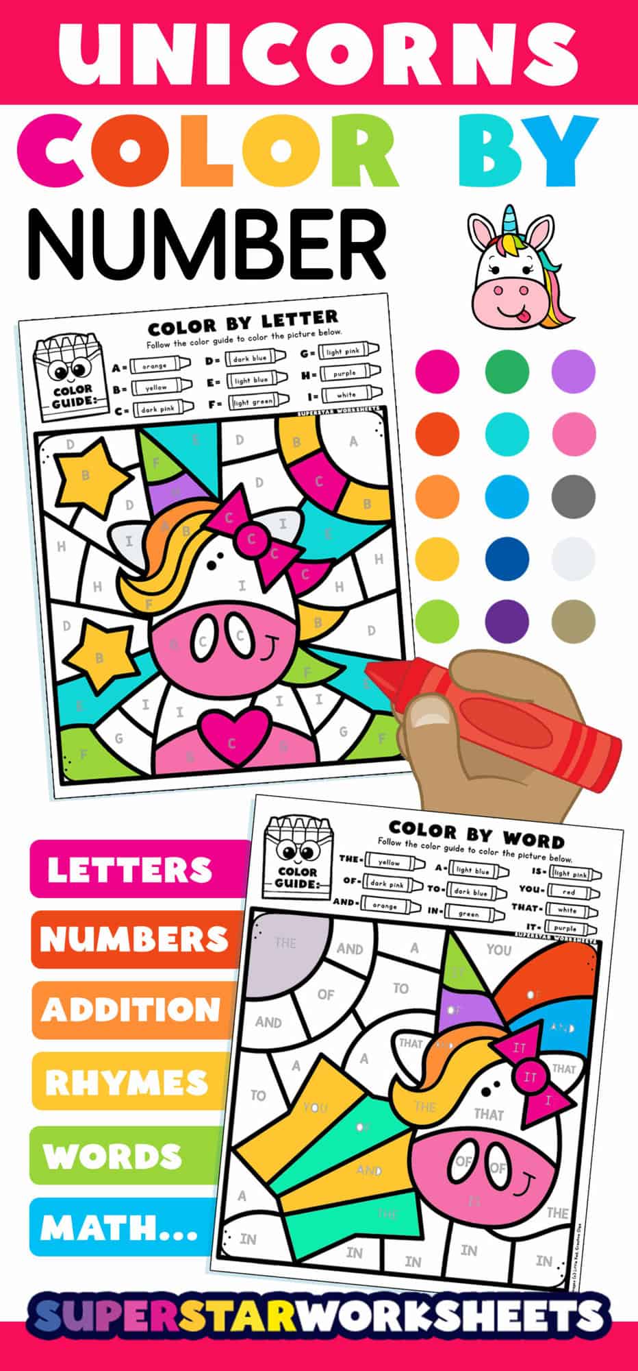 Unicorn Color By Number - Superstar Worksheets