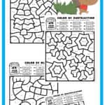Graphic showing a variety of color by number winter printable pages.