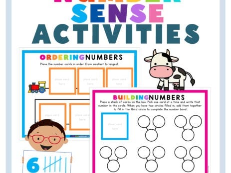 Free number sense activity game pages with a cute kid graphic.