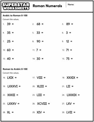 Roman Numerals Worksheets - Superstar Worksheets