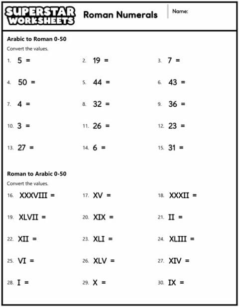 Roman Numerals Worksheets - Superstar Worksheets
