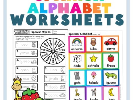 Graphic showing a variety of printable Spanish alphabet worksheets.