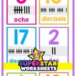Graphic showing a variety of Spanish number chart printables.