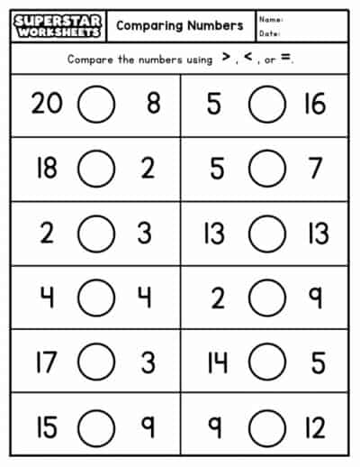 Comparing Numbers Worksheets - Superstar Worksheets