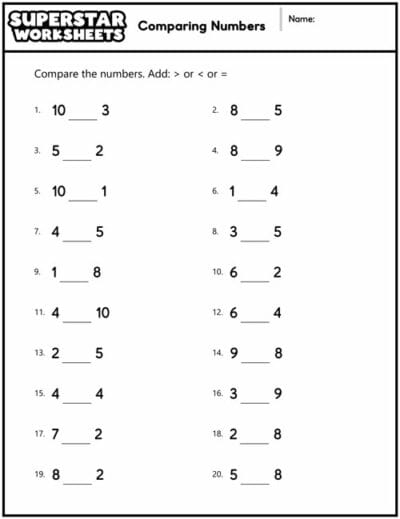 Comparing Numbers Worksheets - Superstar Worksheets