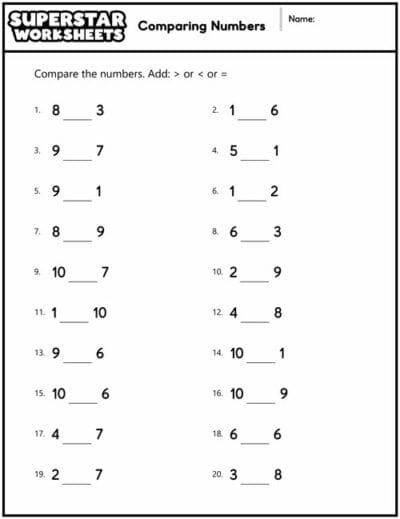 Comparing Numbers Worksheets - Superstar Worksheets