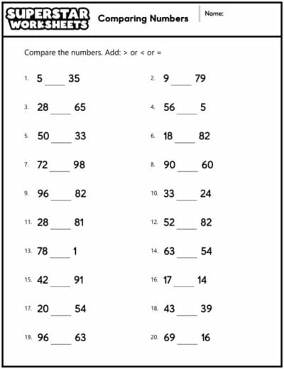 Comparing Numbers Worksheets - Superstar Worksheets