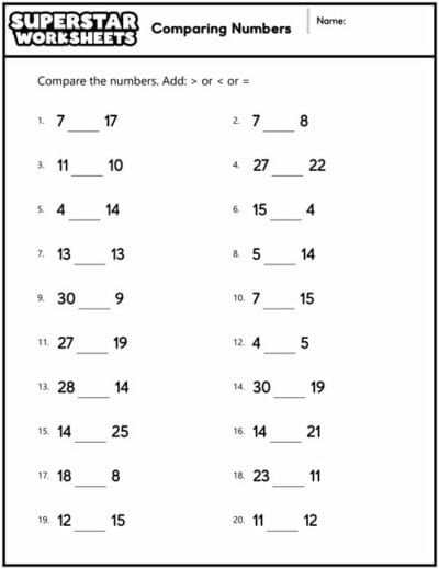 Comparing Numbers Worksheets - Superstar Worksheets