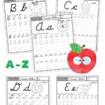 Graphic with cursive worksheets and a cute apple graphic.