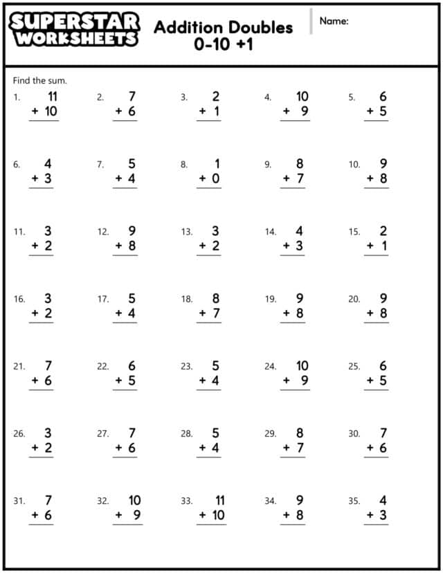 Addition Doubles Worksheets - Superstar Worksheets