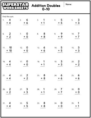 Addition Doubles Worksheets - Superstar Worksheets