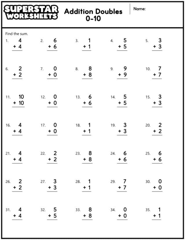 Addition Doubles Worksheets - Superstar Worksheets