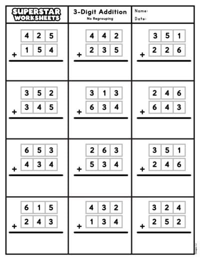 3-Digit Addition Worksheets - Superstar Worksheets