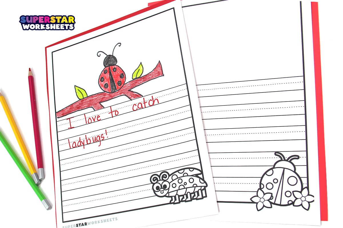 Photo of ladybug writing pages, scissors, and colored pencils.
