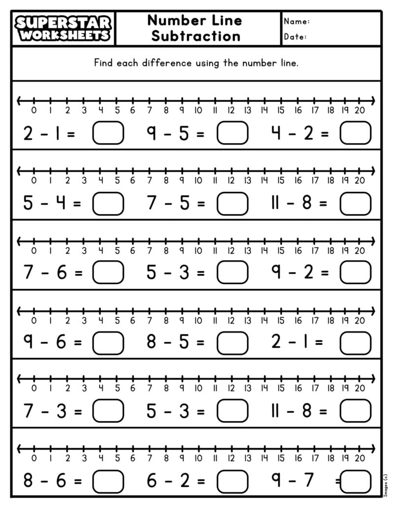 Number Line Subtraction Superstar Worksheets