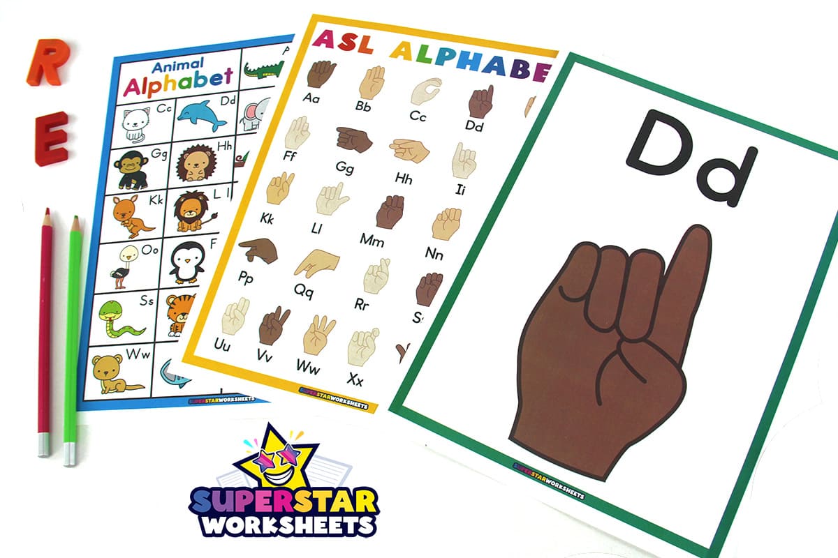 Photo showing three of our ASL alphabet charts.