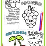 Graphic showing photos of complete and blank Fruit of the Spirit coloring pages with colored pencils.