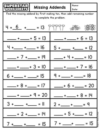 Missing Addend Worksheets - Superstar Worksheets