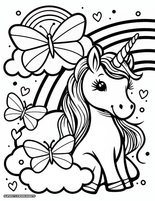 Cute unicorn coloring page surrounded by butterflies, clouds, and a rainbow.