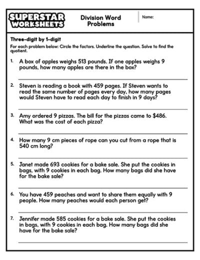 Division Word Problems - Superstar Worksheets